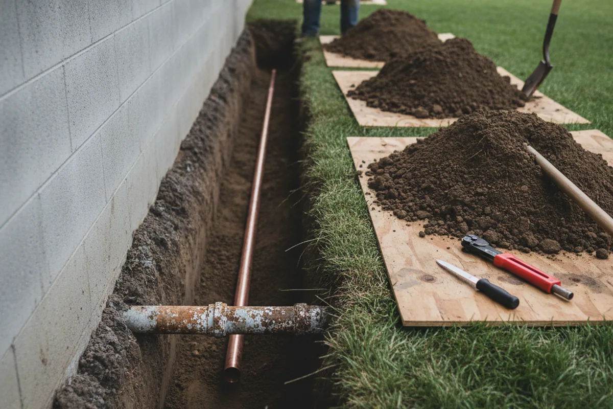 Excavated water line trench during Sewer Line Repair in Rabun Gap